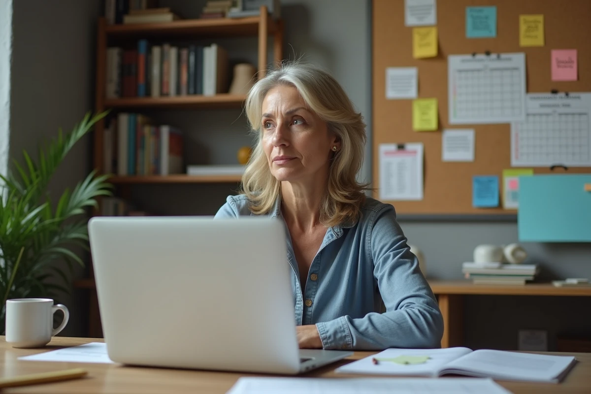 Femme adulte dépassée devant un bureau désorganisé avec un calendrier et des post-it illustrant le manque de planification avant une formation
