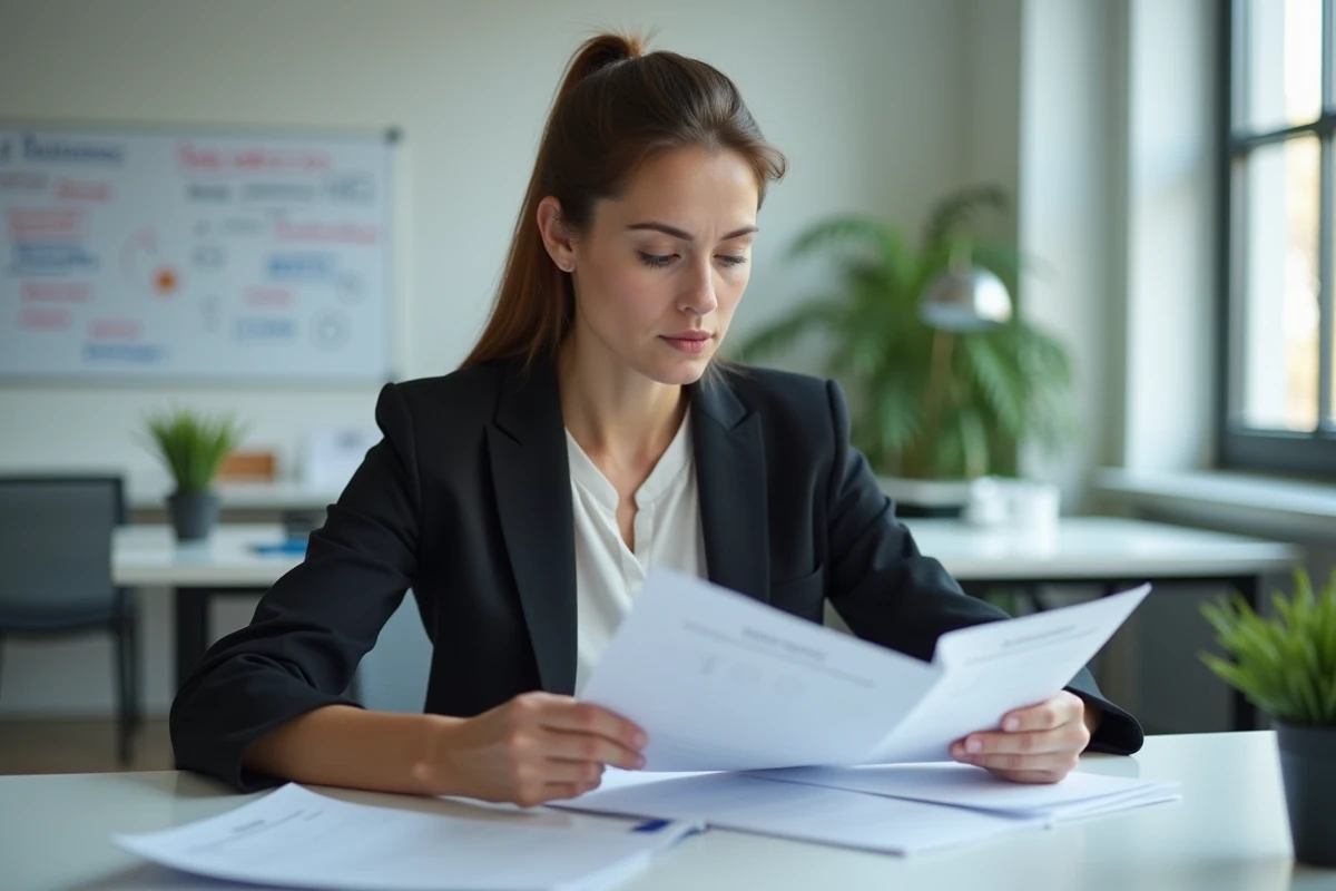 Femme adulte ignorant une fiche d'évaluation vierge pendant sa formation illustrant l'absence de suivi et d'évaluation des progrès