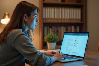 Femme accédant à une plateforme e-learning Moodle depuis son bureau à domicile sur un ordinateur portable