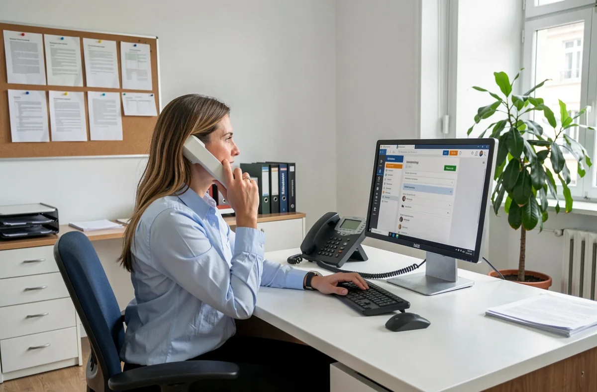 Assistante administrative d'un IUT française répondant aux demandes d'aide pour les problèmes de connexion ENT