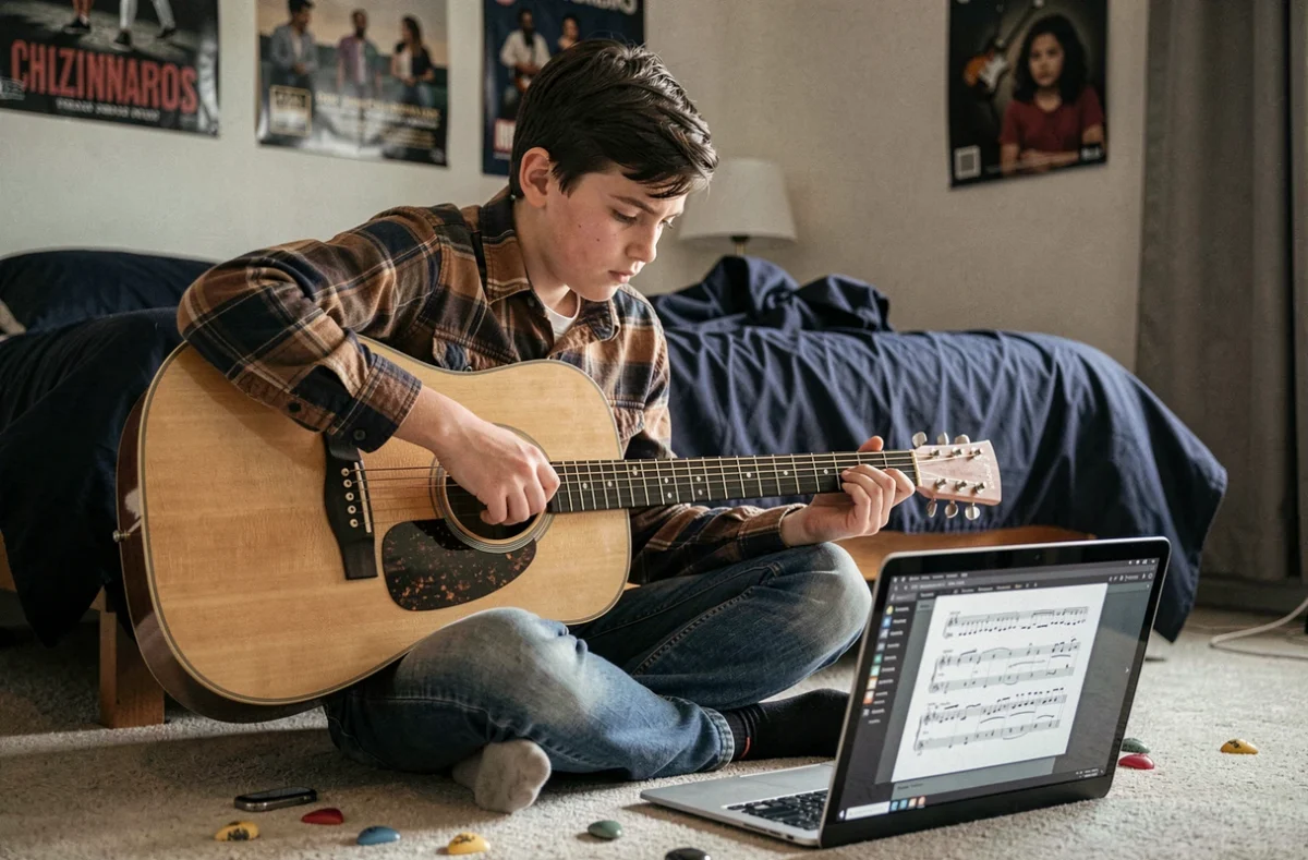 Adolescent apprenant Let It Be à la guitare acoustique en lisant une partition PDF légale sur un ordinateur portable