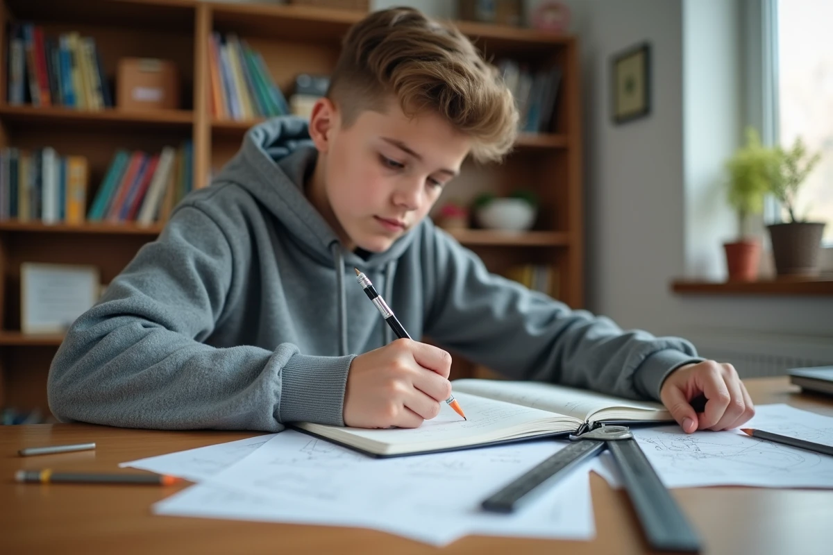 Adolescent qui révise le calcul vectoriel à la maison avec des notes et un manuel scolaire