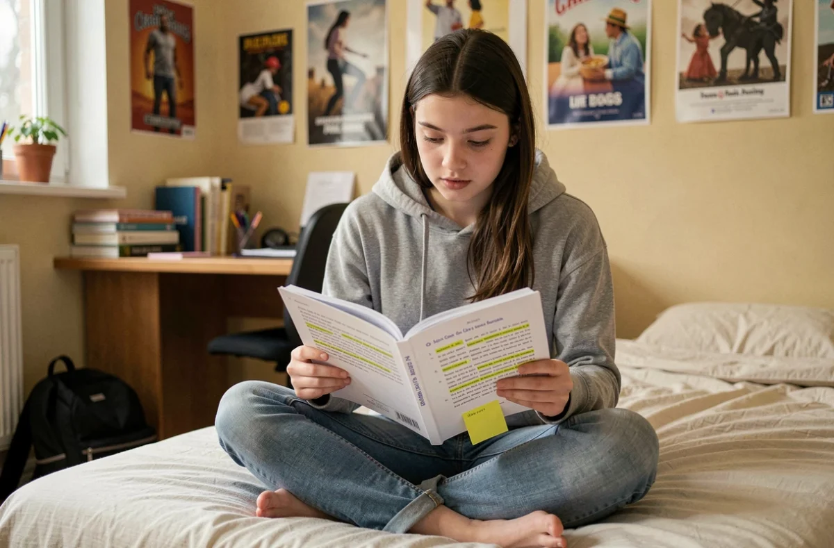 Adolescente qui étudie une liste de verbes du 3ème groupe dans un manuel scolaire