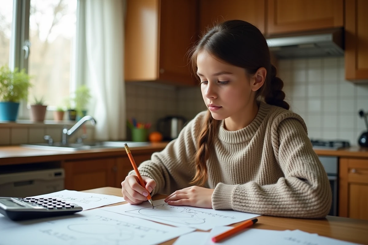 Adolescente qui révise des exercices de trigonométrie première à la table de la cuisine avec calculatrice et feuilles de cours