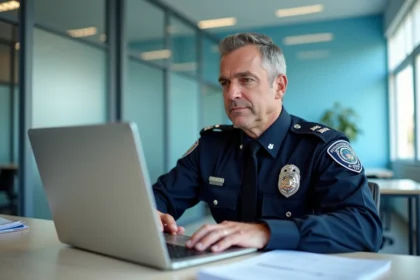 Agent de police en uniforme numérique au bureau moderne