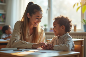 Jeune femme aidant un enfant avec besoins spéciaux en classe
