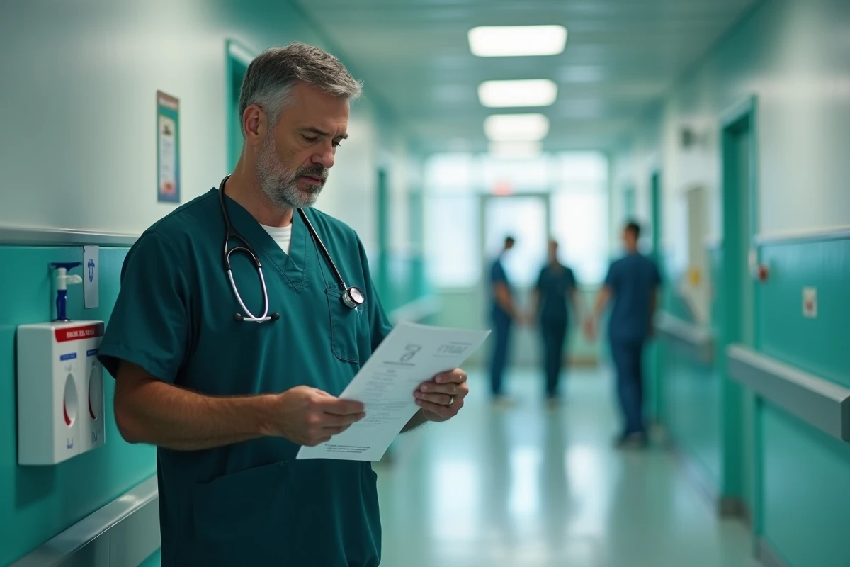 Aide-soignant consultant un protocole de soins dans un couloir hospitalier, symbolisant l'évolution des compétences et des actes autorisés en 2026