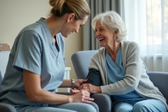 Aide-soignante prenant la tension artérielle d'une patiente âgée dans une chambre d'hôpital moderne, illustrant les nouveaux actes aide-soignant 2026