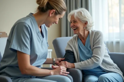 Aide-soignante prenant la tension artérielle d'une patiente âgée dans une chambre d'hôpital moderne, illustrant les nouveaux actes aide-soignant 2026