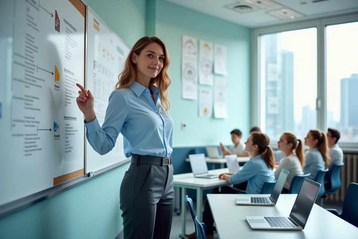 Jeune développeuse web en alternance présentant son projet devant une salle de classe d'école digitale moderne