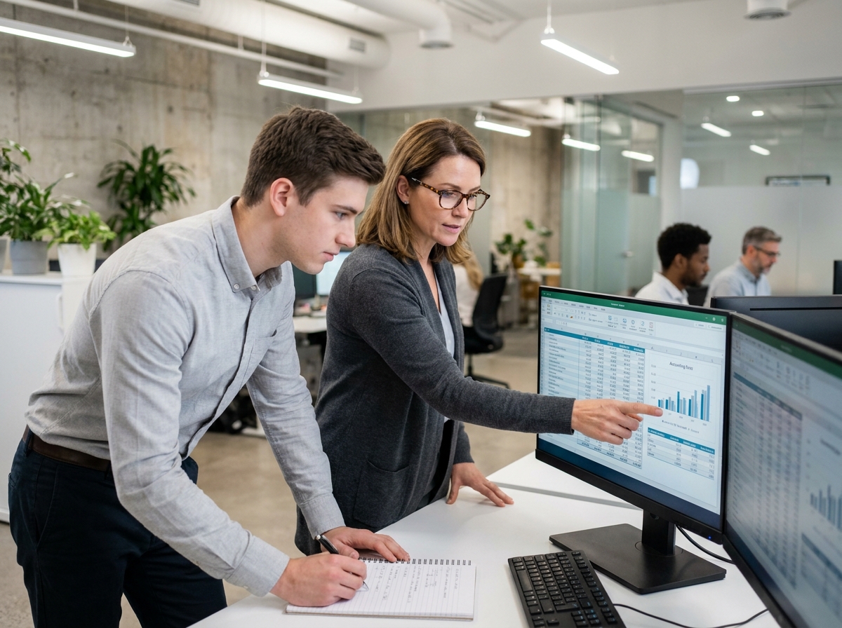 Alternant assistant comptable recevant les conseils d'une comptable senior devant un poste de travail informatique en entreprise