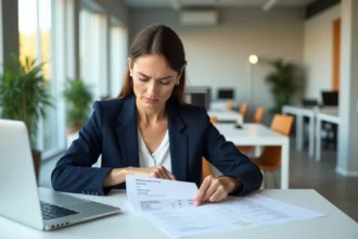 Femme d'affaires analysant une grille tarifaire complexe avec des petits caractères dans un bureau moderne