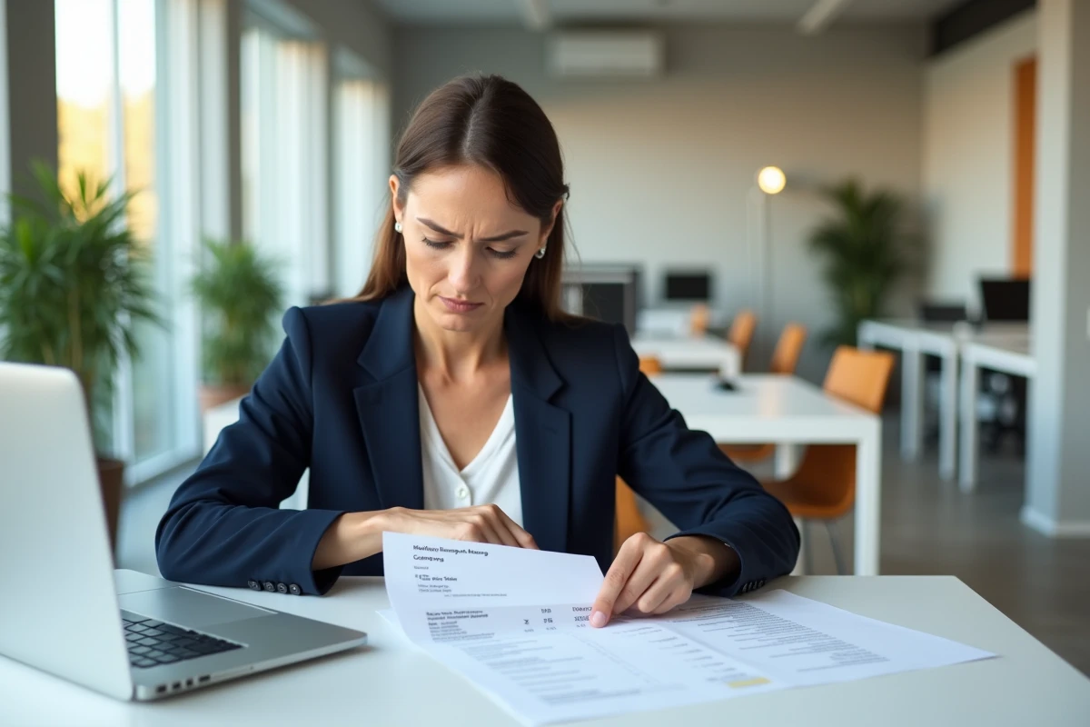 Femme d'affaires analysant une grille tarifaire complexe avec des petits caractères dans un bureau moderne