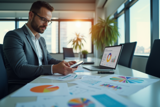 Professionnel d'affaires analysant des graphiques colorés sur une tablette