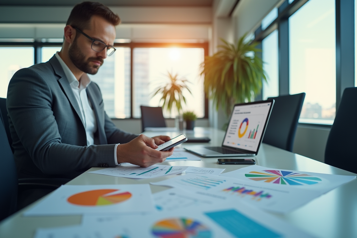 Professionnel d'affaires analysant des graphiques colorés sur une tablette