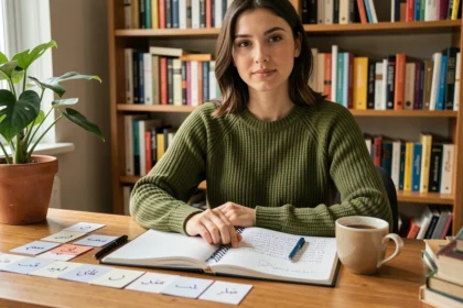 Jeune femme motivée apprenant l'arabe à son bureau avec des fiches et un cahier manuscrit
