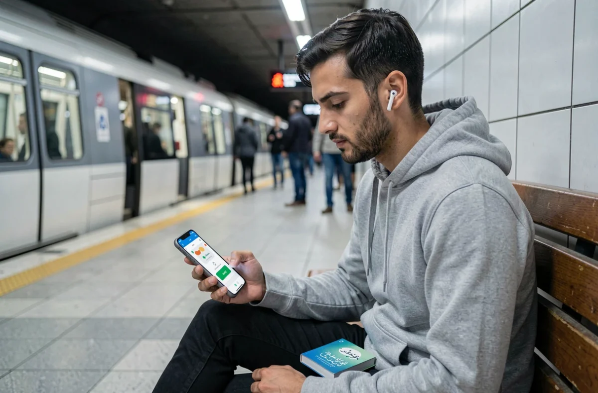 Homme apprenant l'arabe sur smartphone dans le métro avec des écouteurs sans fil