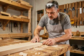 Homme adulte mesurant une planche en bois dans un atelier de menuiserie, apprenant les bases du bricolage de manière progressive