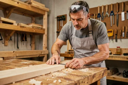 Homme adulte mesurant une planche en bois dans un atelier de menuiserie, apprenant les bases du bricolage de manière progressive