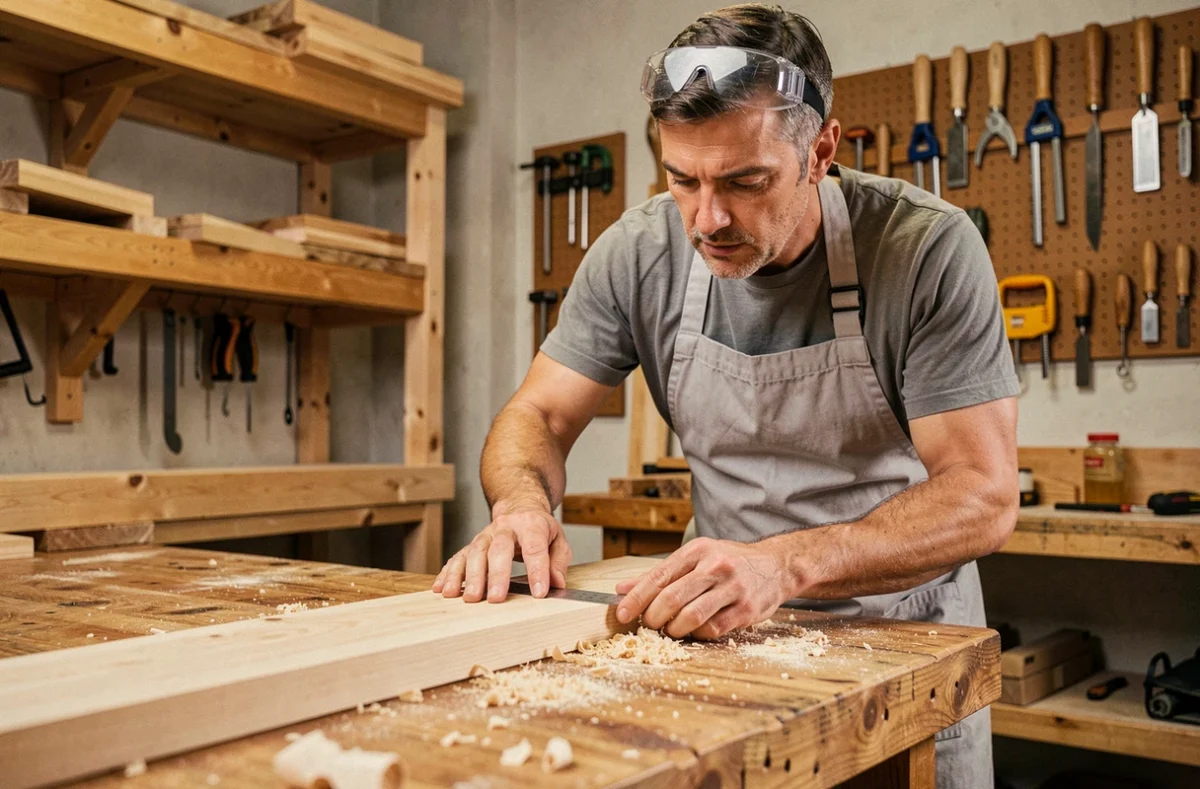Homme adulte mesurant une planche en bois dans un atelier de menuiserie, apprenant les bases du bricolage de manière progressive