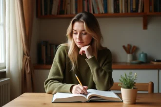 Femme étudiant le verbe tener au passé simple espagnol dans un cahier ouvert sur une table en bois