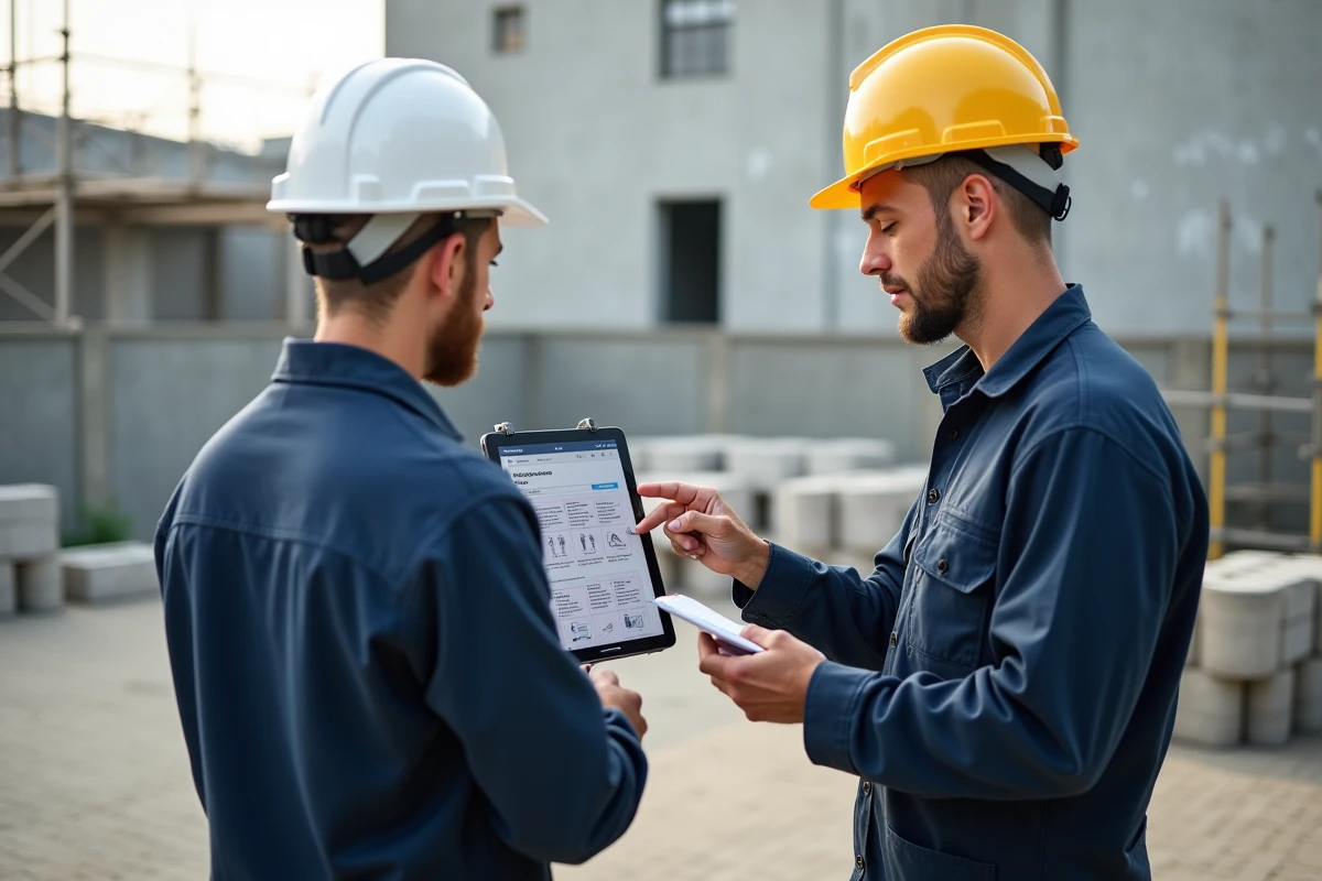 Deux apprentis BTP comparant les offres de formation sur une tablette dans un chantier école