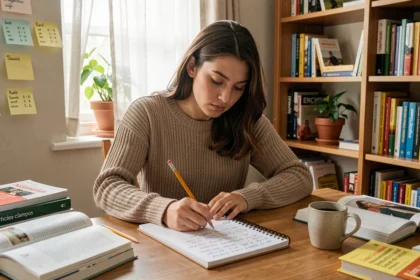 Jeune femme apprenant la conjugaison des verbes espagnols dans un cahier à son bureau à domicile