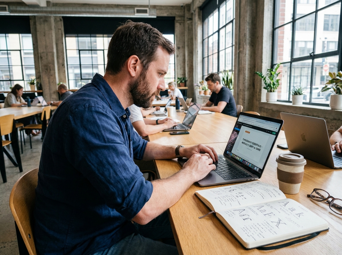 Homme adulte en reconversion suivant un cours de design graphique en ligne dans un espace de coworking avec prise de notes