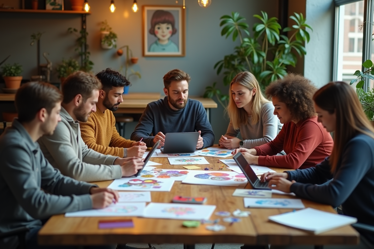 Groupe d'adultes créant lors d'un atelier en coworking
