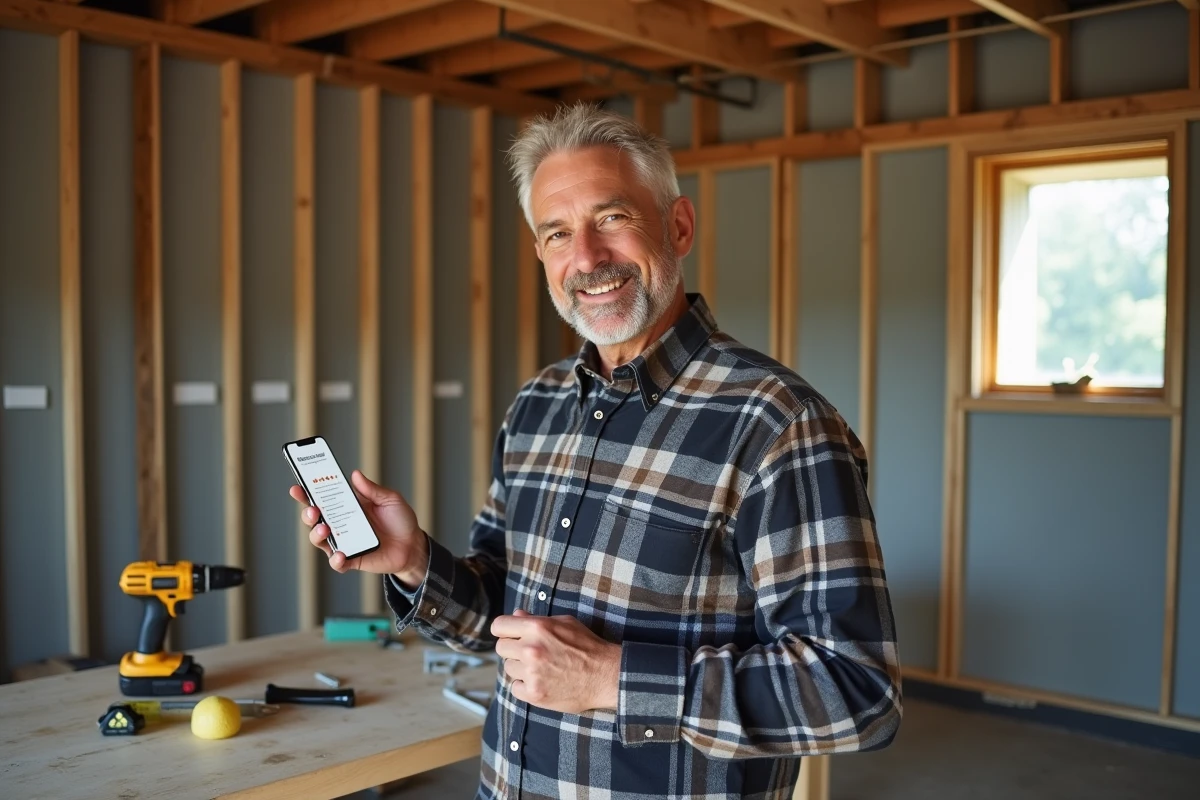 Homme en pleine rénovation de sous-sol consultant les avis sur une formation bricolage depuis son smartphone