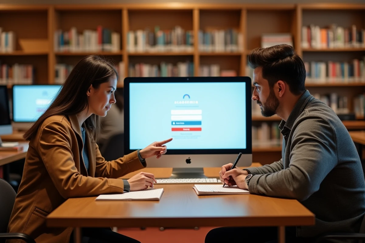 Deux nouveaux arrivants consultant ensemble l'accès à la BOITE académique de Clermont-Ferrand dans une médiathèque