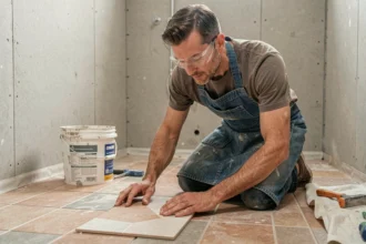 Bricoleur débutant en tablier denim posant du carrelage dans une salle de bain en rénovation avec application et concentration