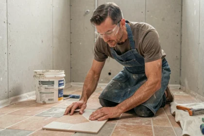 Bricoleur débutant en tablier denim posant du carrelage dans une salle de bain en rénovation avec application et concentration