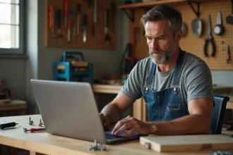 Homme bricoleur regardant un tutoriel YouTube sur son ordinateur portable dans un atelier à domicile