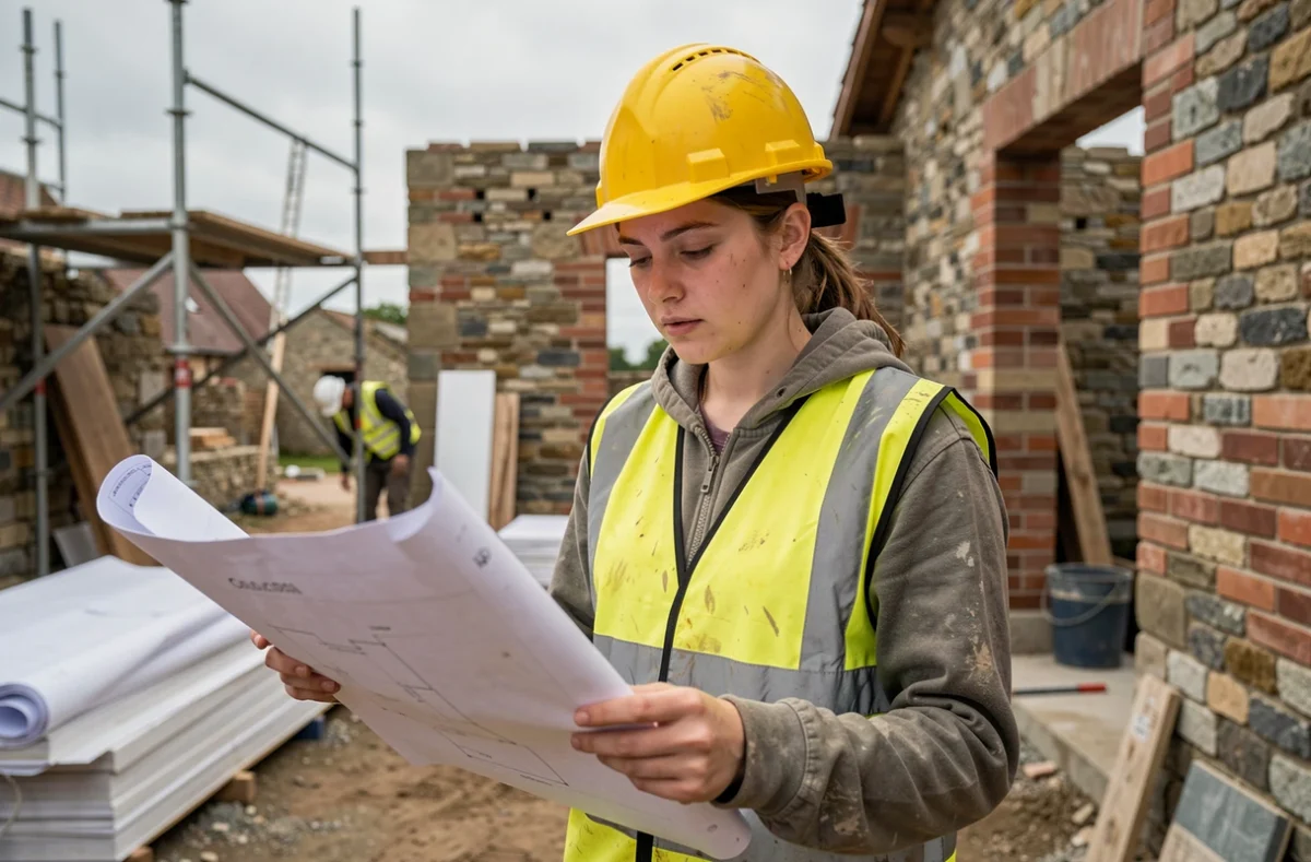 Apprentie du CFA Bâtiment de Coutances étudiant des plans sur un chantier normand