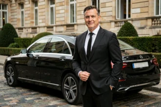 Chauffeur de maître en costume noir devant une berline de luxe dans une rue européenne élégante