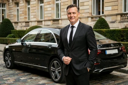 Chauffeur de maître en costume noir devant une berline de luxe dans une rue européenne élégante