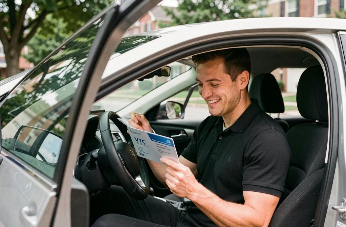 Chauffeur VTC tenant fièrement sa carte professionnelle BVTC obtenue rapidement