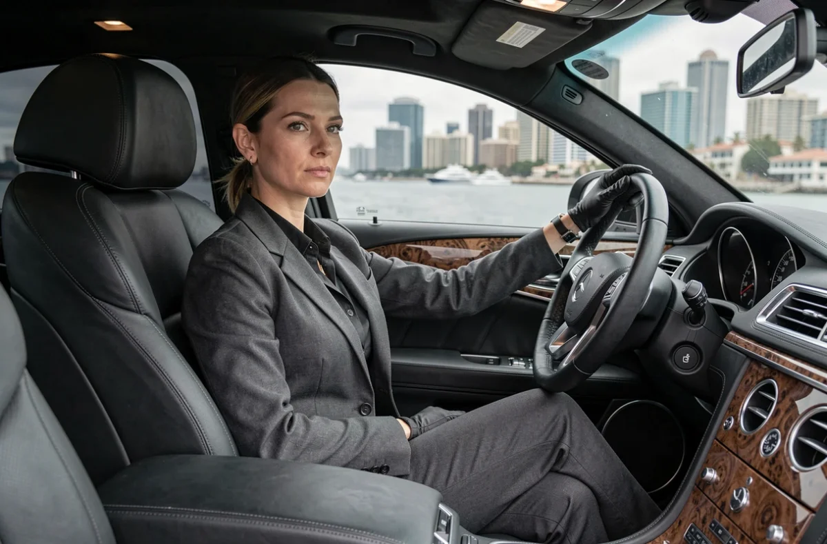 Chauffeuse professionnelle en uniforme au volant d'une limousine de luxe avec intérieur cuir premium