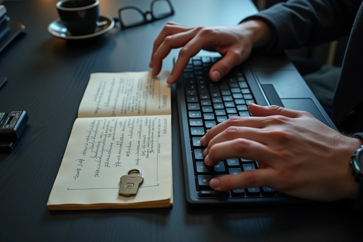 Vue aérienne de mains tapant sur un clavier avec une clé USB de sécurité et des notes manuscrites sur la protection des données