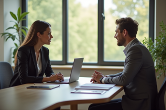Coach et client en consultation dans un bureau chaleureux