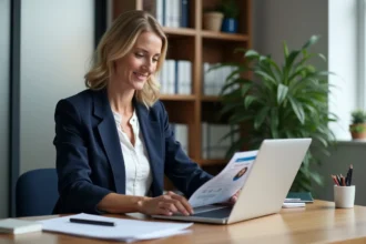 Femme coach LinkedIn en blazer marine travaillant sur un profil LinkedIn devant un ordinateur portable dans un bureau professionnel moderne