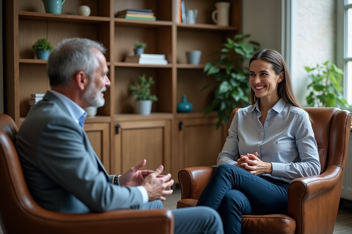 Coach en coaching avec une jeune manager dans un bureau cosy