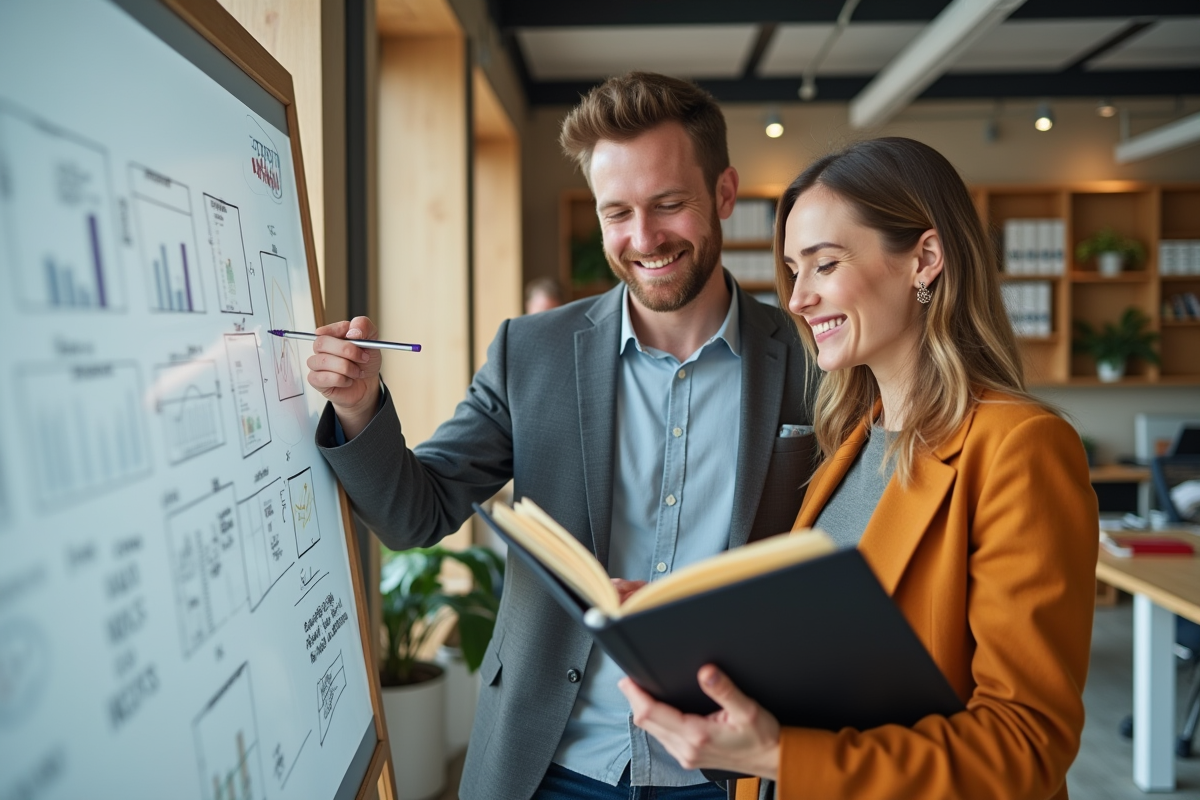 Deux collègues discutant devant un tableau blanc dans un espace ouvert