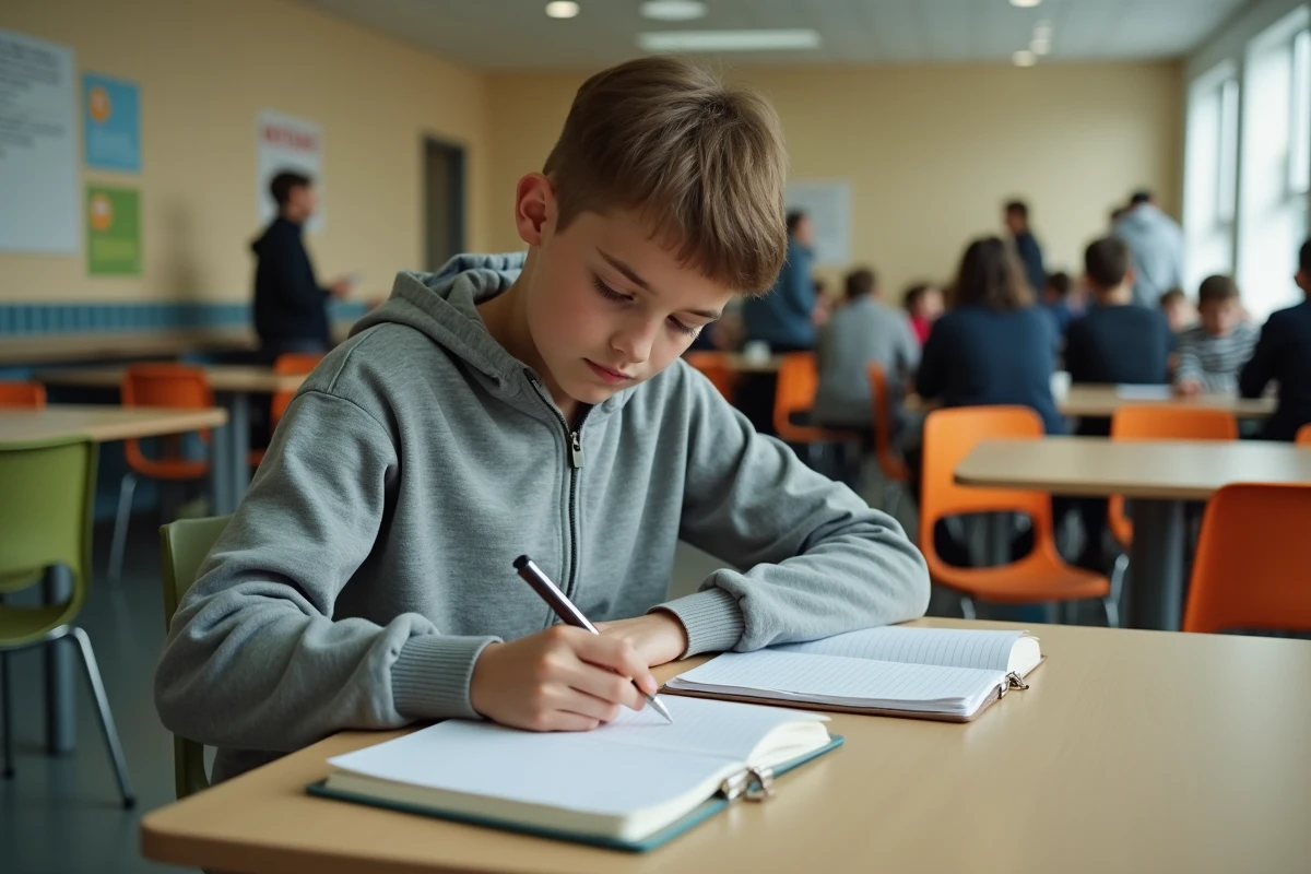 Collégien remplissant son agenda scolaire à la cantine du collège