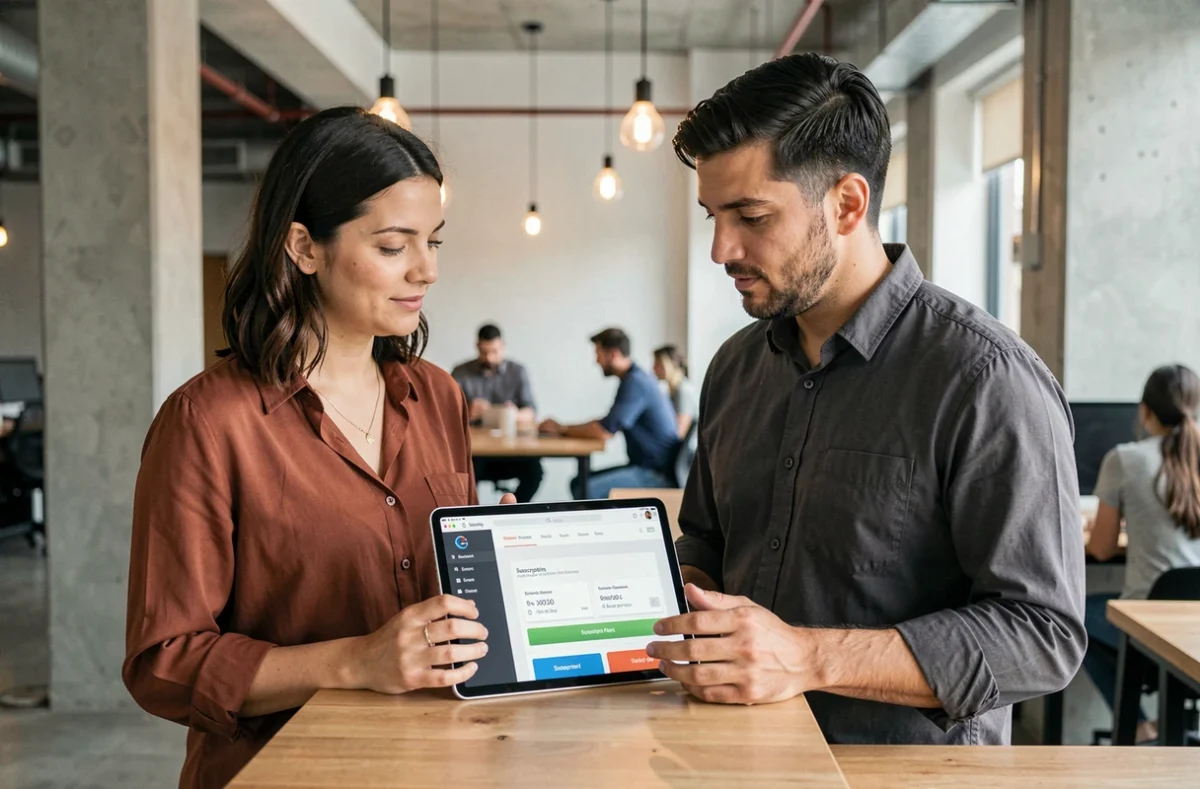 Deux collègues en co-working évaluant ensemble un logiciel emailing avec des options de tarifs professionnels