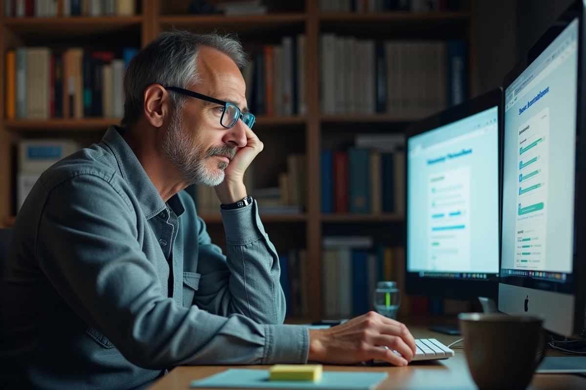 Homme comparant des offres d'abonnement IA sur deux écrans dans un bureau à domicile encombré