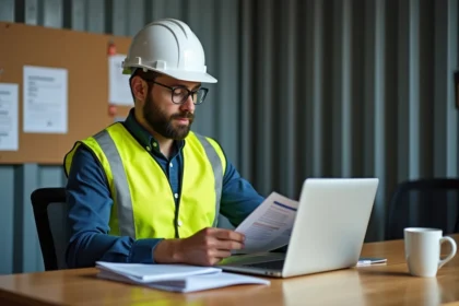 Professionnel du BTP comparant les prix de formations sur un site spécialisé dans un bureau de chantier