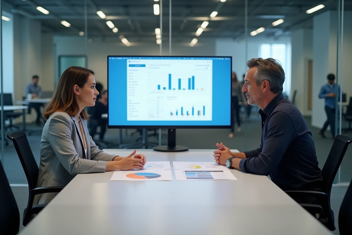 Deux professionnels comparant des formations LinkedIn et des métriques de coaching autour d'une table de réunion avec un écran affichant des données LinkedIn