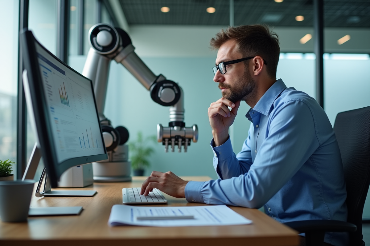 Comptable homme face à un robot dans un bureau moderne